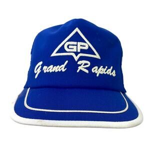 Vtg GP Grand Rapids Michigan Blue 3 Stripe Puff Print Snapback Trucker Hat Cap
